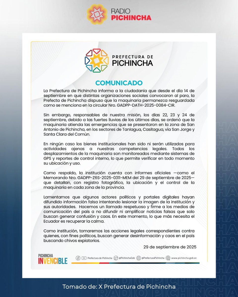 🛑#Atención | Ante la información que circula en redes sociales sobre la maquinaria de la Prefectura de <a href="/PichinchaGob/">Prefectura de Pichincha</a>, la entidad aclara que “en ningún caso los bienes institucionales han sido ni serán utilizados para actividades ajenas a sus competencias legales”. Además, hace