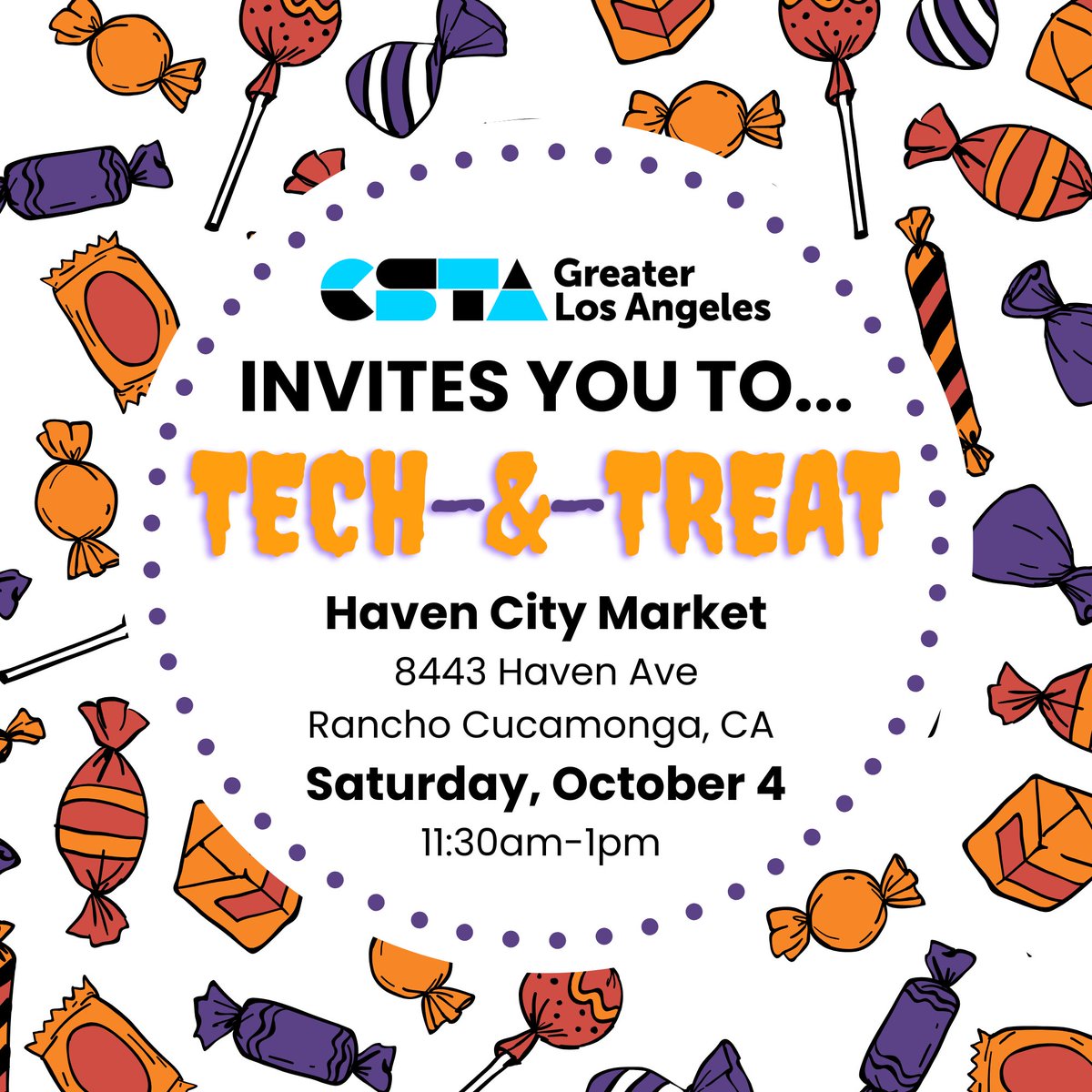 CSTAGLA's tweet image. Join us for TECH-&amp;amp;-TREAT at Haven City Market in Rancho Cucamonga on Saturday, 10/4, from 11:30am-1pm! All CS educators welcome (costumes optional) whether you are a member of CSTA Greater Los Angeles or not. Come &amp;amp; bring a friend.
RSVP at tinyurl.com/cstagla2510ie 
#inlandempire