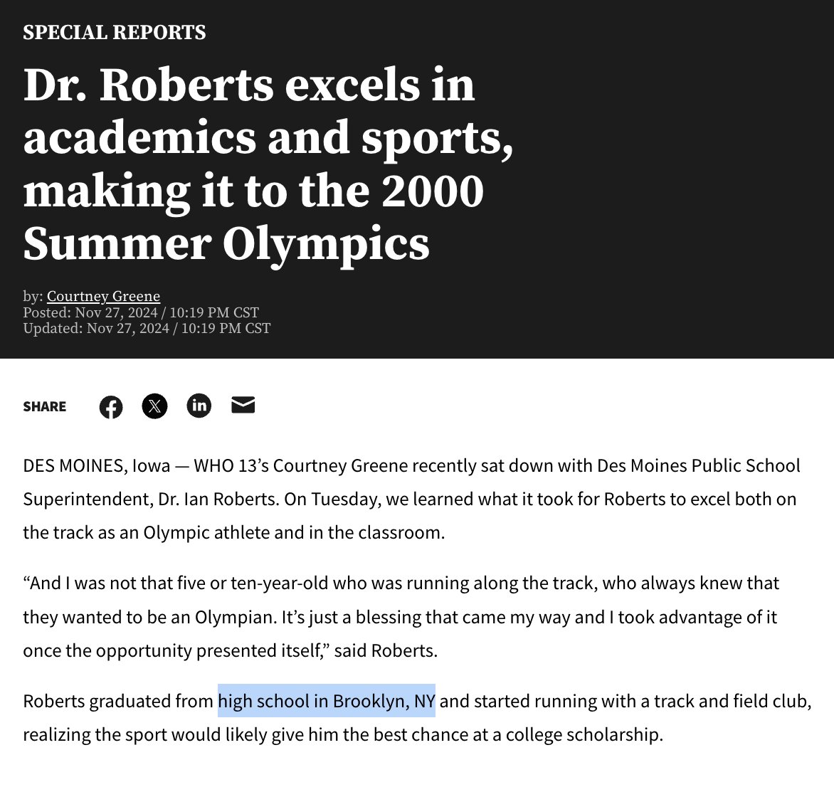 LauraPowellEsq's tweet image. .@WHO13news ran two stories on an interview they did with Ian Roberts last year. Today they changed both of them.

In one, they originally said he was born in Brooklyn, but now it says, “he did not confirm where he was born when asked.”

In the other—which does not indicate that…