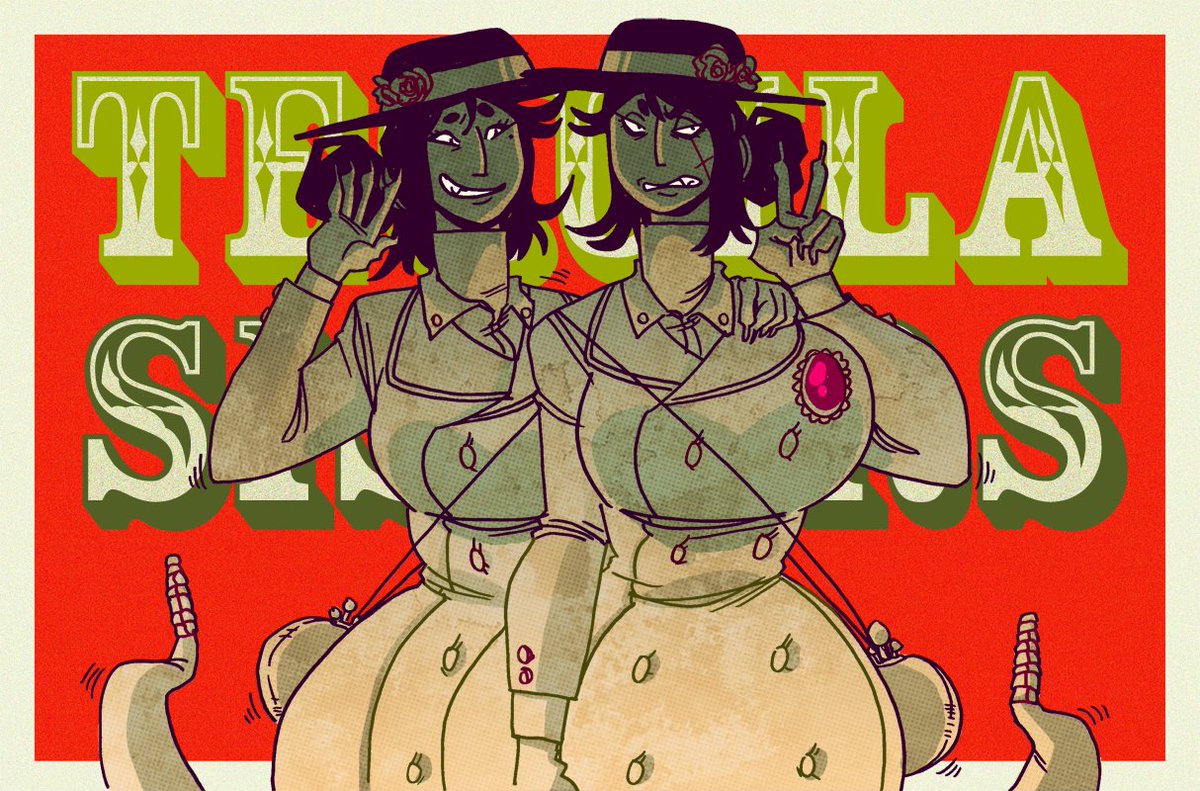 It's been a bit since I drew the Tequila Sisters from my "WEST" story concept. They're a pair of twin half-rattlesnake sisters who operate as bounty hunters.

They're tasked with capturing the main character Abigail to drag her back East for the arranged marriage she ran out on!