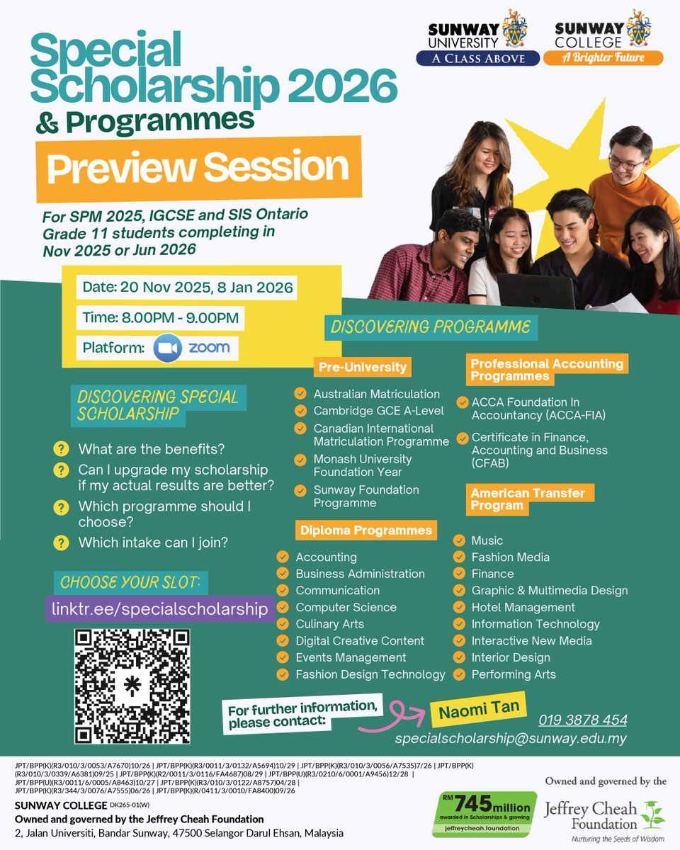 Ready to take the next step in your education journey?

Join our Special Scholarship 2026 &amp; Programmes Preview Session to explore scholarship opportunities and discover the right programme for you.
📅 Dates: 20 Nov 2025 &amp; 8 Jan 2026
🕗 Time: 8:00PM – 9:00PM
💻 Platform: Zoom