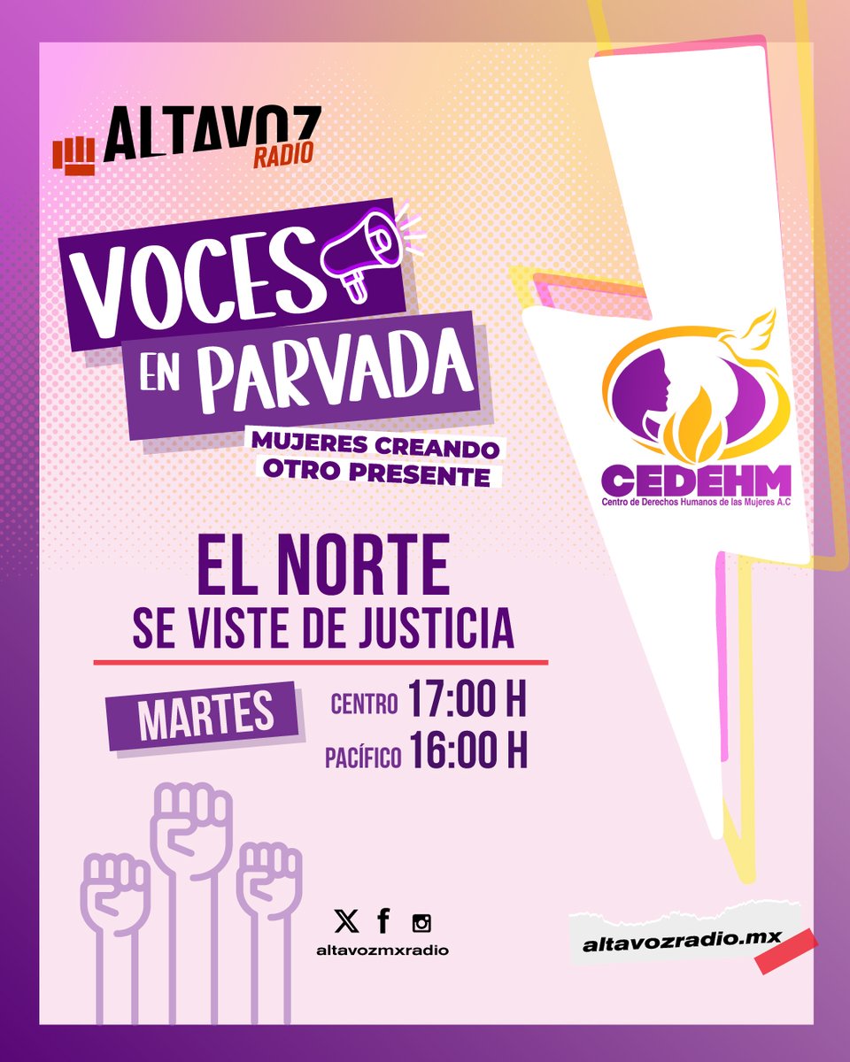 altavozmxradio's tweet photo. 🌎 En el norte, la justicia se construye con acompañamiento, solidaridad y valentía 😊
👉 En #VocesEnParvada la #CEDEHM nos muestra cómo mujeres y familias de Chihuahua recuperan la esperanza frente a la violencia 😮
⏰Martes | Centro 17:00 h | Pacífico 16:00 h
🔊Escúchalo en:
👉https://t.co/ITHdlPuOhM🎧