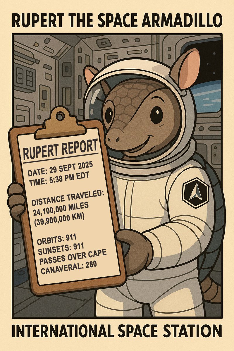 The latest update on Rupert the Space Armadillo's adventures in orbit and info on how oxygen is generated on the ISS - facebook.com/share/p/1BrEpG… 
<a href="/ccspacemuseum/">Cape Canaveral Space Force Museum</a>