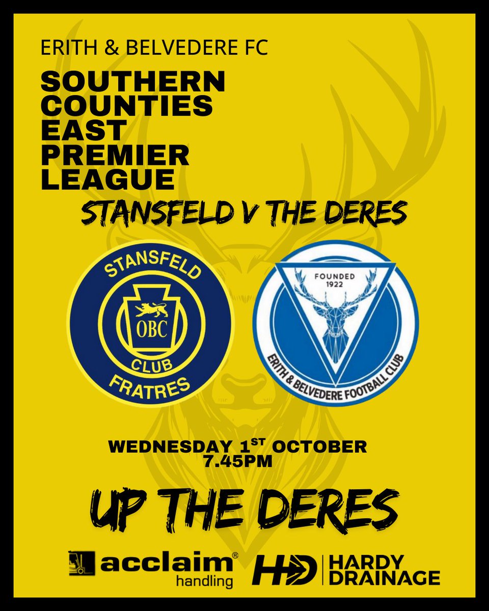 Erith & Belvedere FC (@ebthederes) on Twitter photo ⚽️⚽️Next Game⚽️⚽️
Our first team is back in action tomorrow night when we travrel to Eltham to take on <a href="/StansfeldFC/">Stansfeld FC</a> 
Kick off is 7.45pm
#UptheDeres🦌 ⚽️⚽️Next Game⚽️⚽️
Our first team is back in action tomorrow night when we travrel to Eltham to take on <a href="/StansfeldFC/">Stansfeld FC</a> 
Kick off is 7.45pm
#UptheDeres🦌