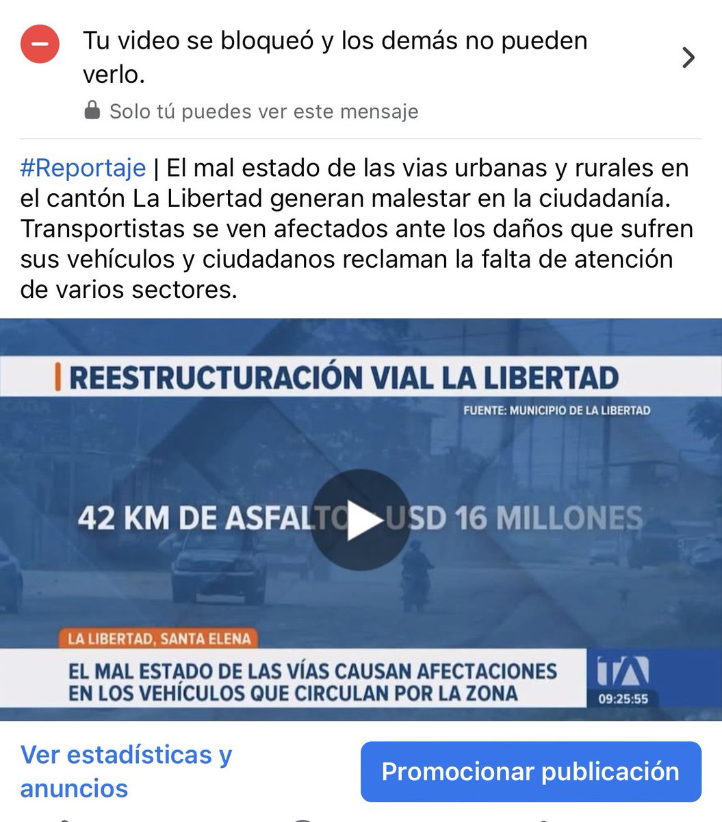 MillyPico22's tweet photo. Me parece asombroso y curioso el ver como bloquearon MI REPORTAJE por “coincidencia con derechos de autor” desde una página con un nombre falso. 

Reportaje que menciona la realidad actual de las vías del cantón La Libertad y el presupuesto millonario para rehabilitación vial. https://t.co/aDpoofM0HK