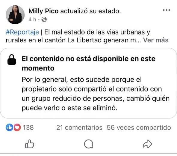 MillyPico22's tweet photo. Me parece asombroso y curioso el ver como bloquearon MI REPORTAJE por “coincidencia con derechos de autor” desde una página con un nombre falso. 

Reportaje que menciona la realidad actual de las vías del cantón La Libertad y el presupuesto millonario para rehabilitación vial. https://t.co/aDpoofM0HK