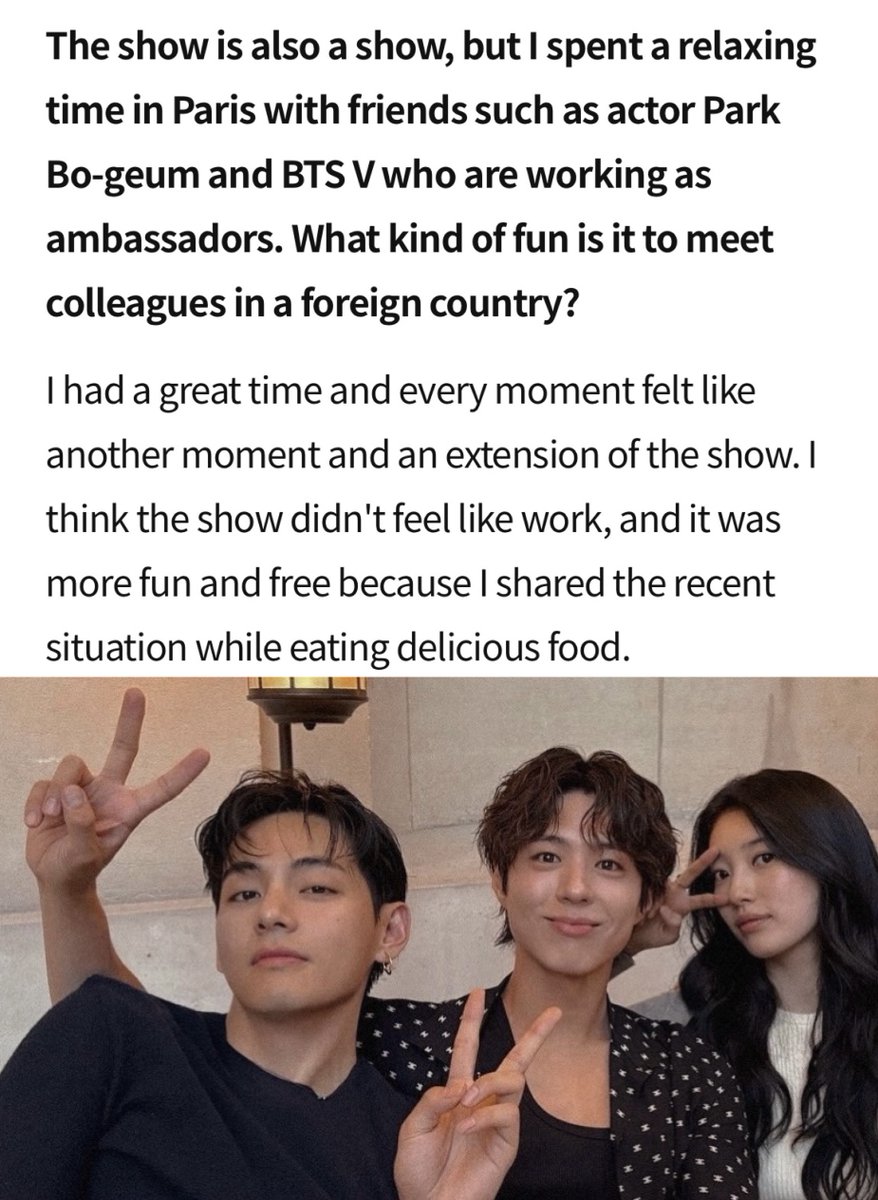 KIM TAEHYUNG was mentioned in Suzy's Elle Korea Magazine Interview. 

I'm glad they had a "fun and free time" in Paris and look forward to potentially seeing them all together again on October 5 at #ParisFashionWeek.  

TAEHYUNG FOR CELINE
V x CELINE
#TAEHYUNGxCELINE
#CelineBoyV