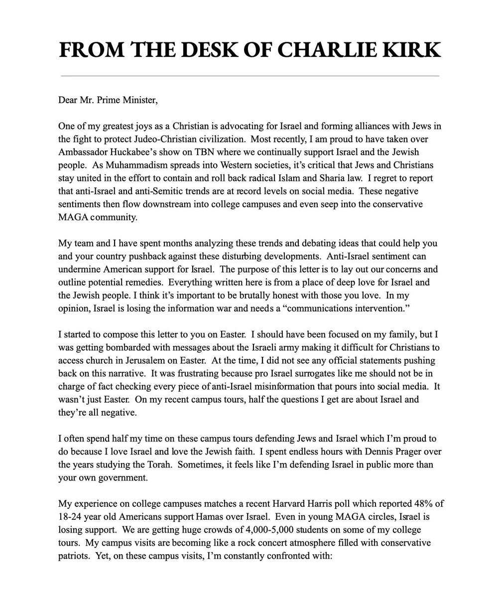 Osint613's tweet image. Here is Charlie Kirk’s letter to PM Netanyahu, Charlie voices his support for Israel and lays out advice on how to win the information war 👇🏻