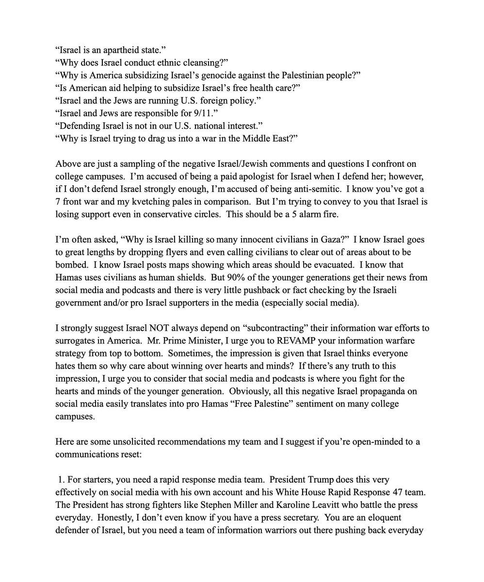 Osint613's tweet image. Here is Charlie Kirk’s letter to PM Netanyahu, Charlie voices his support for Israel and lays out advice on how to win the information war 👇🏻