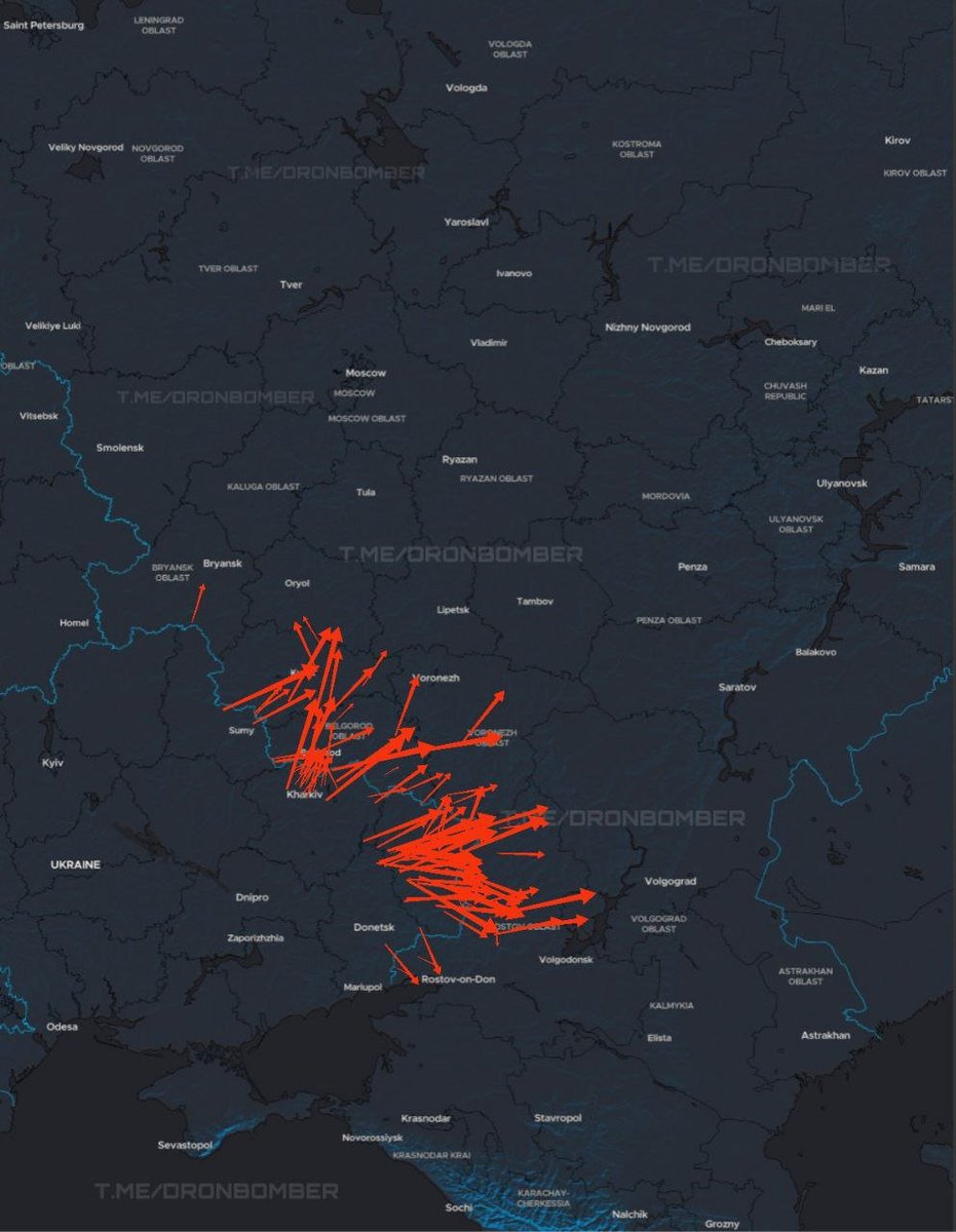 Drone Bomber's nightly map showing Ukrainian drones heading for katsapia.

#OSINT