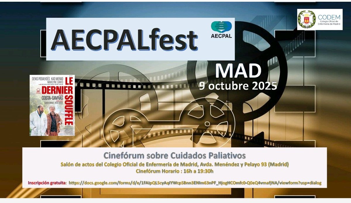 El próximo 9 de octubre 2025, en el AECPALfest se organizará un cinefórum con la peli "El último suspiro", en el Colegio de Enfermería de Madrid ➡️ Semana del Día Mundial de los #CuidadosPaliativos📽️ Inscripción gratuita en : docs.google.com/forms/d/e/1FAI…