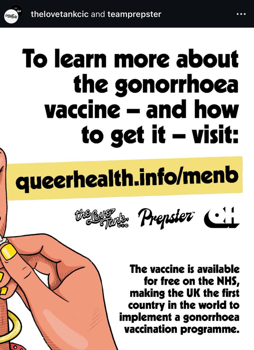 Getting some questions about the gonorrhoea vaccine! It’s been available in the UK for folks at higher risk of getting an STI. 

Click below for more info on the vaccine &amp; follow @thelovetankcic on Insta for more sexual health/harm reduction resources. 

queerhealth.info/menb