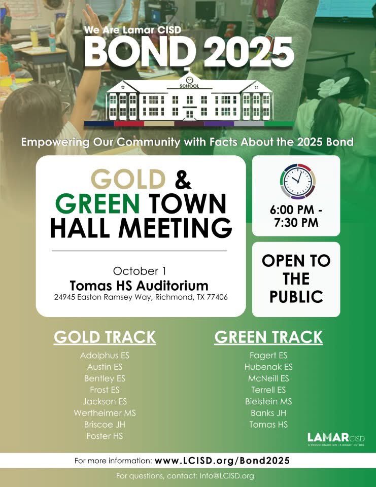 lcisdCommRel's tweet image. 📅 Save the Dates! 🗓️
The community is invited to attend the upcoming Bond 2025 Town Halls and Bus Tours.
This is your opportunity to ask questions and learn more about Lamar CISD and #Bond2025.
🔗 Learn more: LCISD.org/Bond2025
#WeAreLamarCISD #bond2025