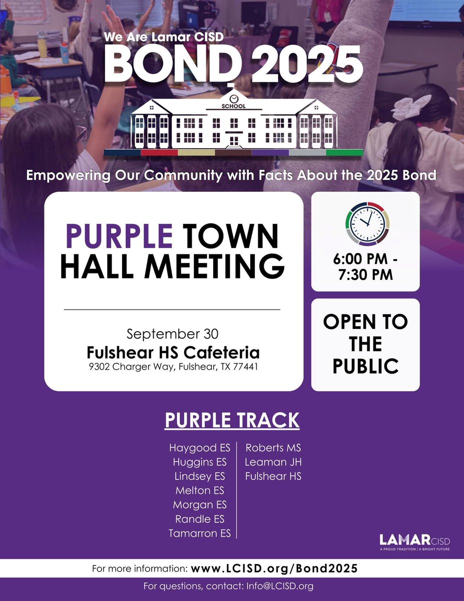 lcisdCommRel's tweet image. 📅 Save the Dates! 🗓️
The community is invited to attend the upcoming Bond 2025 Town Halls and Bus Tours.
This is your opportunity to ask questions and learn more about Lamar CISD and #Bond2025.
🔗 Learn more: LCISD.org/Bond2025
#WeAreLamarCISD #bond2025