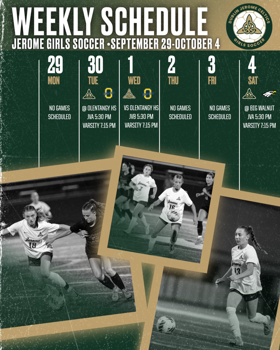 DJGirlsSoccer's tweet image. Weekly schedule ⬇️
Lady Celts hit the road after a tough week:
⚽️ Tues – Olentangy (OCC)
⚽️ Sat – Big Walnut
Time to flip the script 🔄 #CelticPride #RoadWarriors