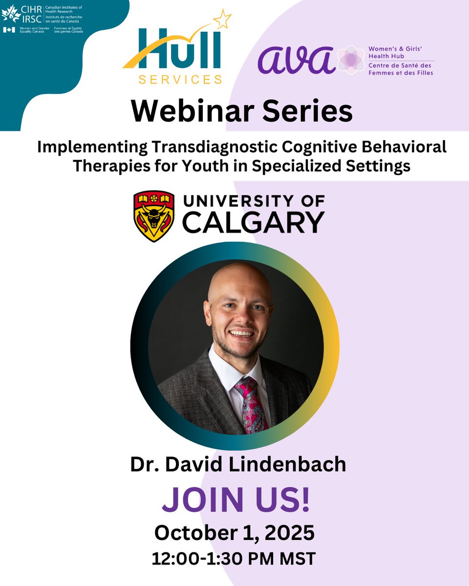 The AVA Webinar Series presents Implementing Transdiagnostic Cognitive Behavioral Therapies for Youth in Specialized Settings, featuring Dr. David Lindenbach. 

🗓️ Wednesday, October 1st, 2025
⏰ 12–1:30pm MST

Register: avatraining.ca/webinars