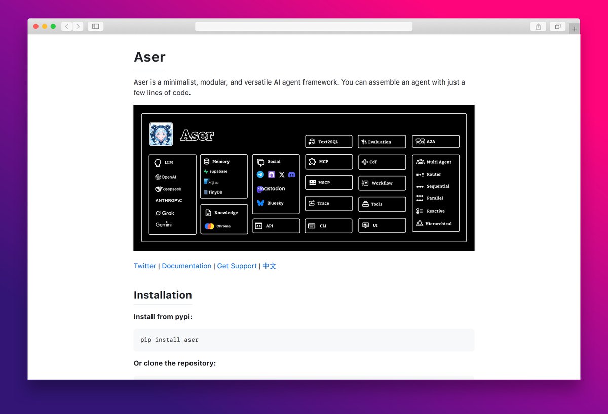 essamamdani's tweet image. Aser - a minimalist, modular AI agent framework to build customizable agents in minutes. #AI #AgentFramework #MultiAgent #OpenSource