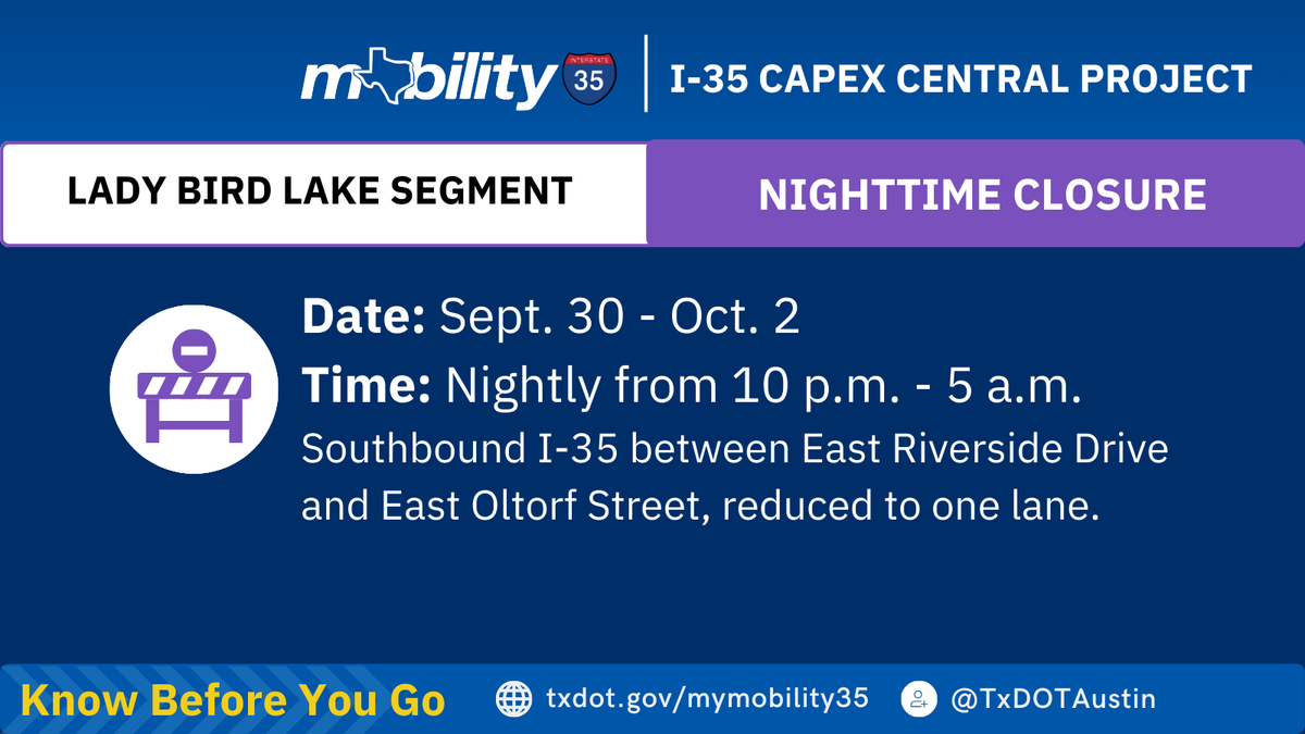 TxDOTAustin's tweet photo. TRAFFIC ALERT: Southbound I-35 between East Riverside Drive and East Oltorf Street, reduced to one lane nightly Tuesday, Sept. 30 through Thursday, Oct. 2, from 10 p.m. to 5 a.m., weather permitting. #My35 #ATXtraffic https://t.co/AW7jpOeq26