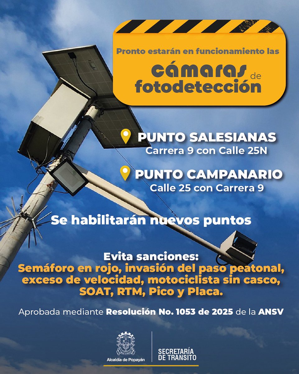 Este mensaje es para ti conductor, te contamos que pronto las cámaras de fotodetección en el sector de la Institución Educativa Salesianas y Campanario Centro Comercial estarán activas 📹 próximamente. 

Iniciaremos con una fase pedagógica para que te informes, evites sanciones.