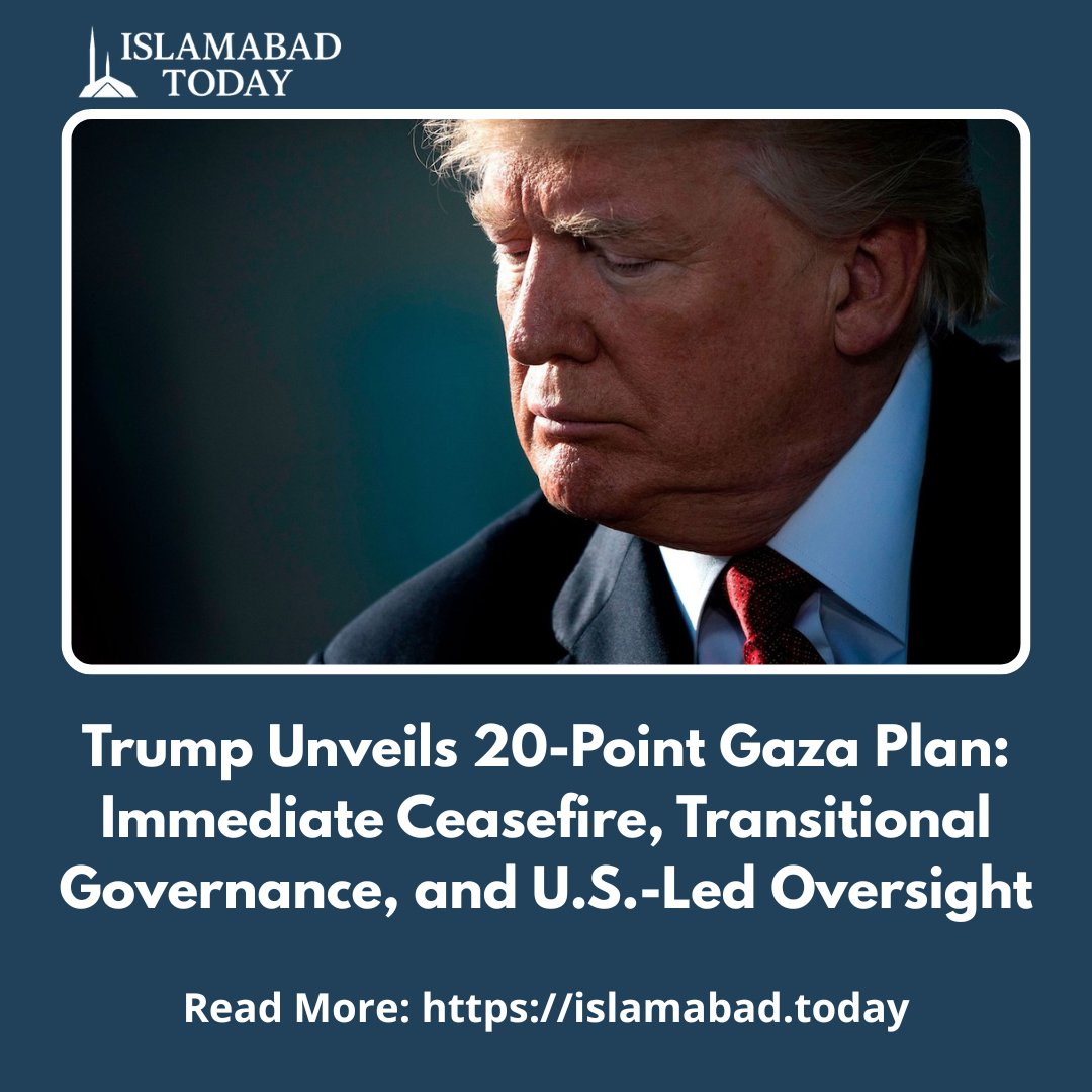 IslamabadT3831's tweet image. Trump Unveils 20-Point Gaza Plan: Immediate Ceasefire, Transitional Governance, and U.S.-Led Oversight.
#GazaPeacePlan #TrumpProposal #CeasefireNow 

islamabad.today/trump-unveils-…