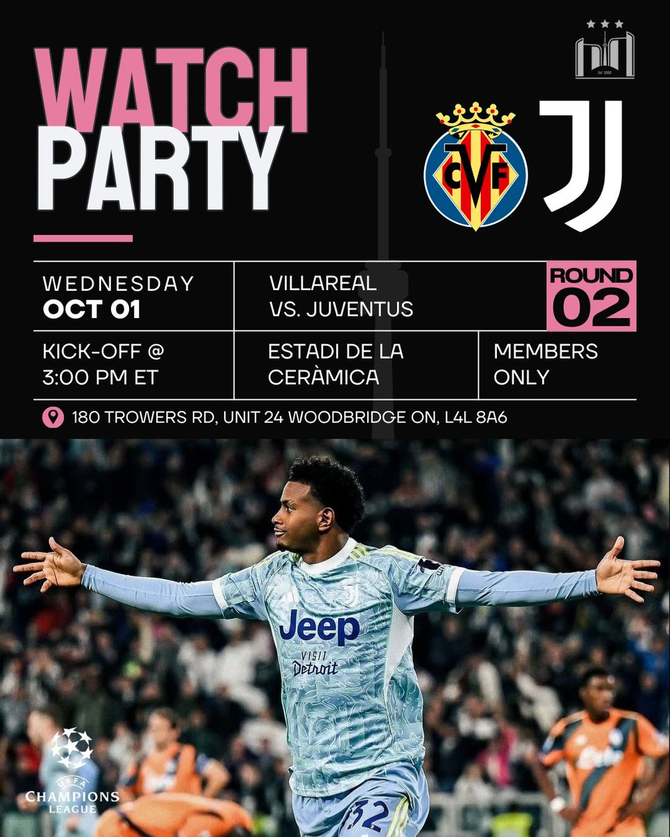 juveclubto's tweet photo. Champions League campaign continues Wednesday at Villareal! 

📅 Wednesday, October 1st
🕒 3:00 pm 

Doors open at 2:30 pm. See you then! 

#Juventus #Juve #ForzaJuve #JOFC #JOFCToronto #SerieA #UEFA #UEFAChampionsLeague https://t.co/HbXBuKgWfK