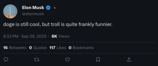 iFungibility's tweet photo. BREAKING:

.@elonmusk JUST POSTED & DELETED $TROLL