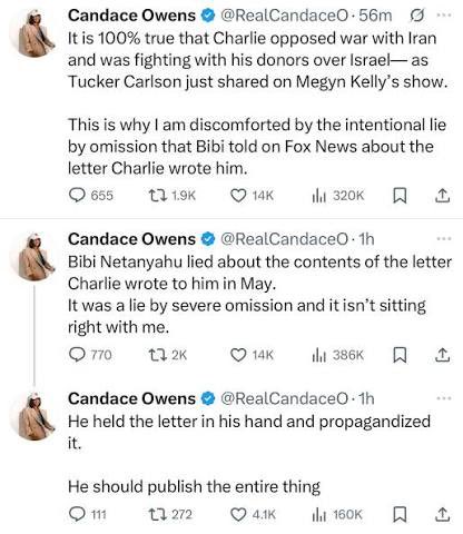 So Charkie Kirk's letter offers nothing but support and advice for Israel and Benjamin Netanyahu.

Well, Candace Owens?

The whole letter is published now. Anything to say, or will you pretend like you weren't full of shit the entire time?