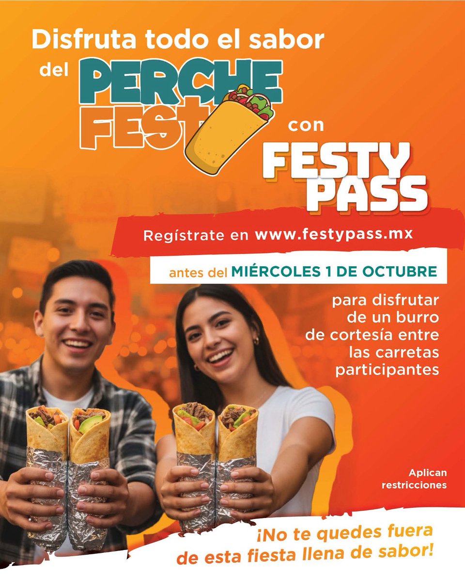 🌯 Disfruta de todo el sabor del Perche Fest 2025 con #FestyPass

Haz clic en: q.me-qr.com/G3GuQyOq para ser una de las personas seleccionadas para disfrutar tu burro de cortesía.

¡No te quedes fuera ! Tienes hasta el miércoles 1 de octubre.

* Aplican restricciones
#Giveaway