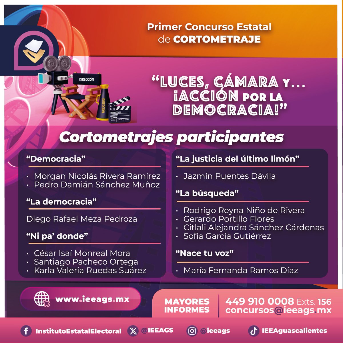 Un total de seis proyectos participan en nuestro primer concurso estatal de cortometraje.

El próximo 07 de octubre conoceremos a las tres propuestas finalistas.

#ConstrucciónCiudadana🙋🏾‍♀️🙋🏻‍♂️