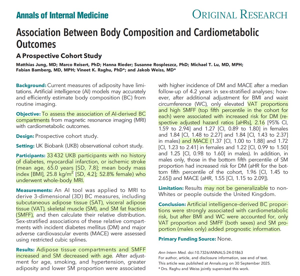 A prospective study of A.I. of MRI in &gt;33,000 participants showed the importance of deriving visceral adipose tissue and skeletal muscle fat for risk of cardiometabolic diseases and major cardiovascular events 
acpjournals.org/doi/full/10.73…