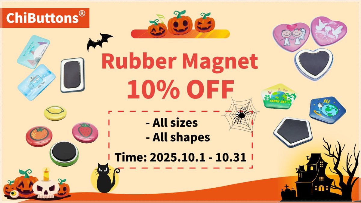 ChiButtons's tweet photo. 2025 ChiButtons October Sale !!!
All the Rubber Magnets are 10% OFF
- Website purchase only (October 1~ 31, 2025)
- Multiple choice of shapes (Square, Heart and more)
- Suitable for different size (25mm ~ 75mm) https://t.co/pkZyULyoVR