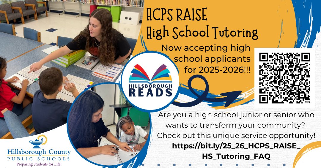 HillsboroughSch's tweet photo. Know a high schooler who’s passionate about helping younger students succeed?

Applications are now open for the 2025-2026 RAISE Tutoring Program! Earn service hours + a New Worlds Scholar award by supporting K-3 readers.

For FAQs or to apply, visit https://t.co/3VqzEj0m2Z https://t.co/f5FWA9JcA5