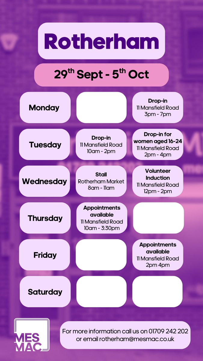 Stag & Rose Court Patient Participation Group (@stag_roseppg) on Twitter photo #tuesday with the friendly team <a href="/MesmacRotherham/">Rotherham MESMAC</a> offering a free confidential Drop-in💜
💜Appointments & Drop-in💜
💜 #HIV, #STI & pregnancy tests
💜 Free period products
💜 Free condoms & lube
💜 Support with sexuality, gender identity, sex & relationships. #tuesday with the friendly team <a href="/MesmacRotherham/">Rotherham MESMAC</a> offering a free confidential Drop-in💜
💜Appointments & Drop-in💜
💜 #HIV, #STI & pregnancy tests
💜 Free period products
💜 Free condoms & lube
💜 Support with sexuality, gender identity, sex & relationships.