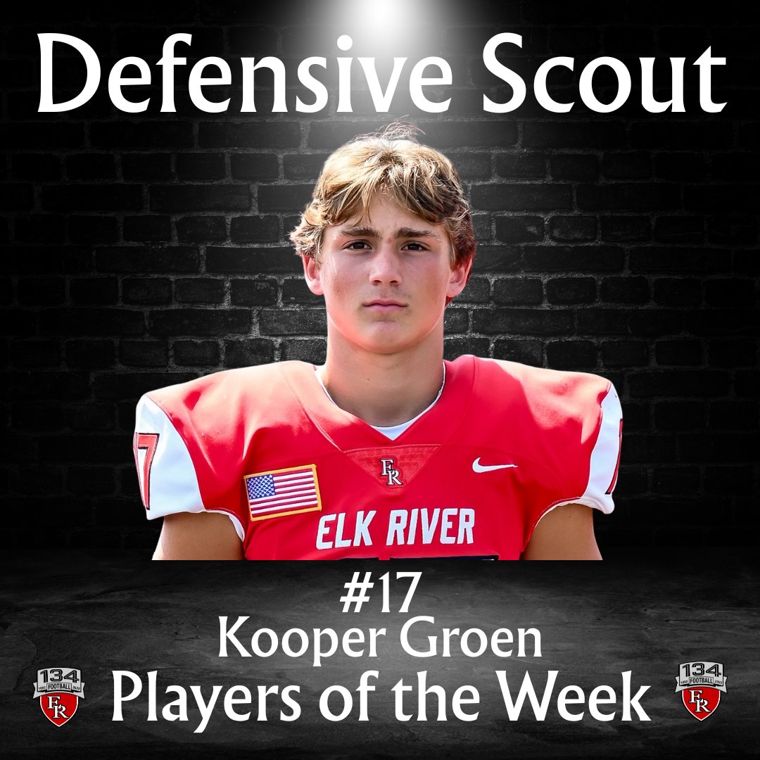 ElkRiverElksFB's tweet photo. Week 5 DEFENSIVE SCOUT PLAYER OF THE WEEK -#17. KOOPER GROEN https://t.co/KI1NUpYzvx