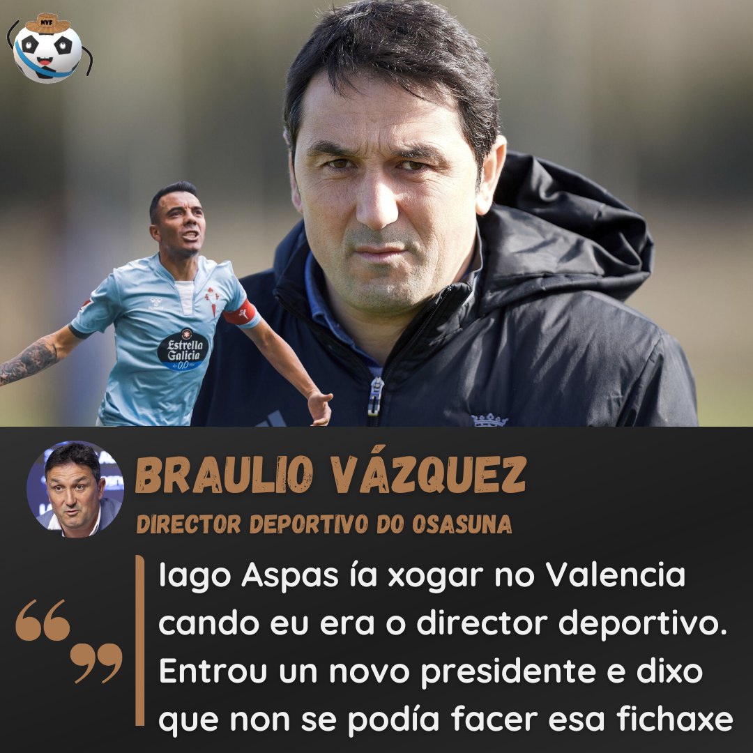 Braulio Vázquez, director deportivo do Osasuna, falou no programa <a href="/APenaltisG/">A Penaltis</a> ⚽️

O galego afirmou que Iago Aspas estivo pechado polo Valencia cando el traballaba alí 🤯

A chegada dun novo presidente ao conxunto ché freou a operación 🖖

O que puido ser... Que vos parece❓