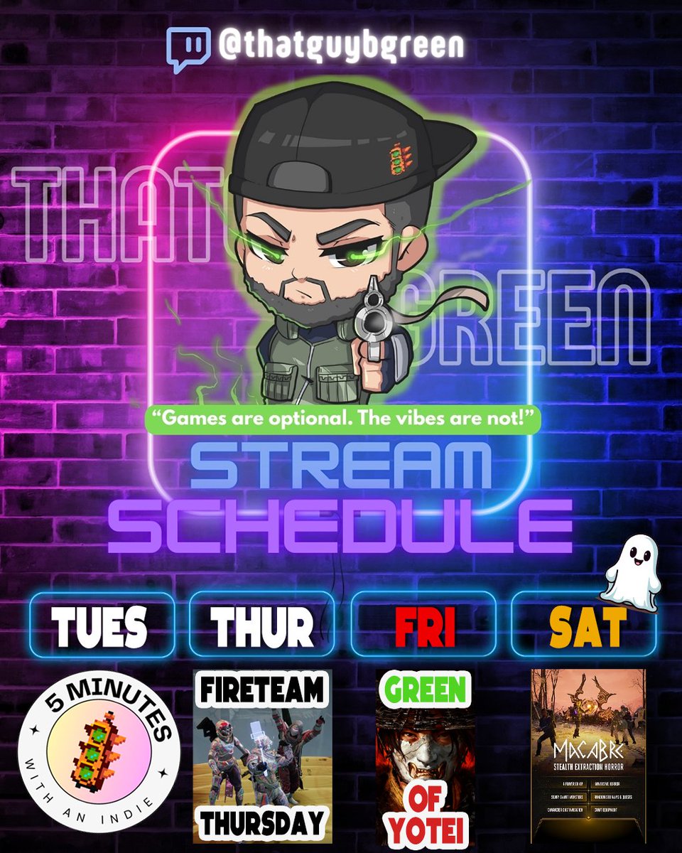thatguybgreen (@thatguybgreen) on Twitter photo Stream Schedule for the week of 9/29 to 10/5:
Tuesday - #5MWAI w/ <a href="/Yokaikii/">๐๐ถ๐ฒ๐จ๐ฐ-๐ฒ๐ฐ๐ฐ โซ ๐ซ๐น๐ฌ๐จ๐ด๐ช๐ถ๐ตโ26</a>
Thursday - #FireteamThursday W/ <a href="/SchaesPlace/">Silksong Schae โจ</a> and <a href="/KwaShonne/">Son Of A Shepard ๐ง๐พโโ๏ธ</a>
Friday - #GhostofYotei Release Stream!!!
Sat - #Spooktober begins!!!!
twitch.tv/thatguybgreen Stream Schedule for the week of 9/29 to 10/5:
Tuesday - #5MWAI w/ <a href="/Yokaikii/">๐๐ถ๐ฒ๐จ๐ฐ-๐ฒ๐ฐ๐ฐ โซ ๐ซ๐น๐ฌ๐จ๐ด๐ช๐ถ๐ตโ26</a>
Thursday - #FireteamThursday W/ <a href="/SchaesPlace/">Silksong Schae โจ</a> and <a href="/KwaShonne/">Son Of A Shepard ๐ง๐พโโ๏ธ</a>
Friday - #GhostofYotei Release Stream!!!
Sat - #Spooktober begins!!!!
twitch.tv/thatguybgreen