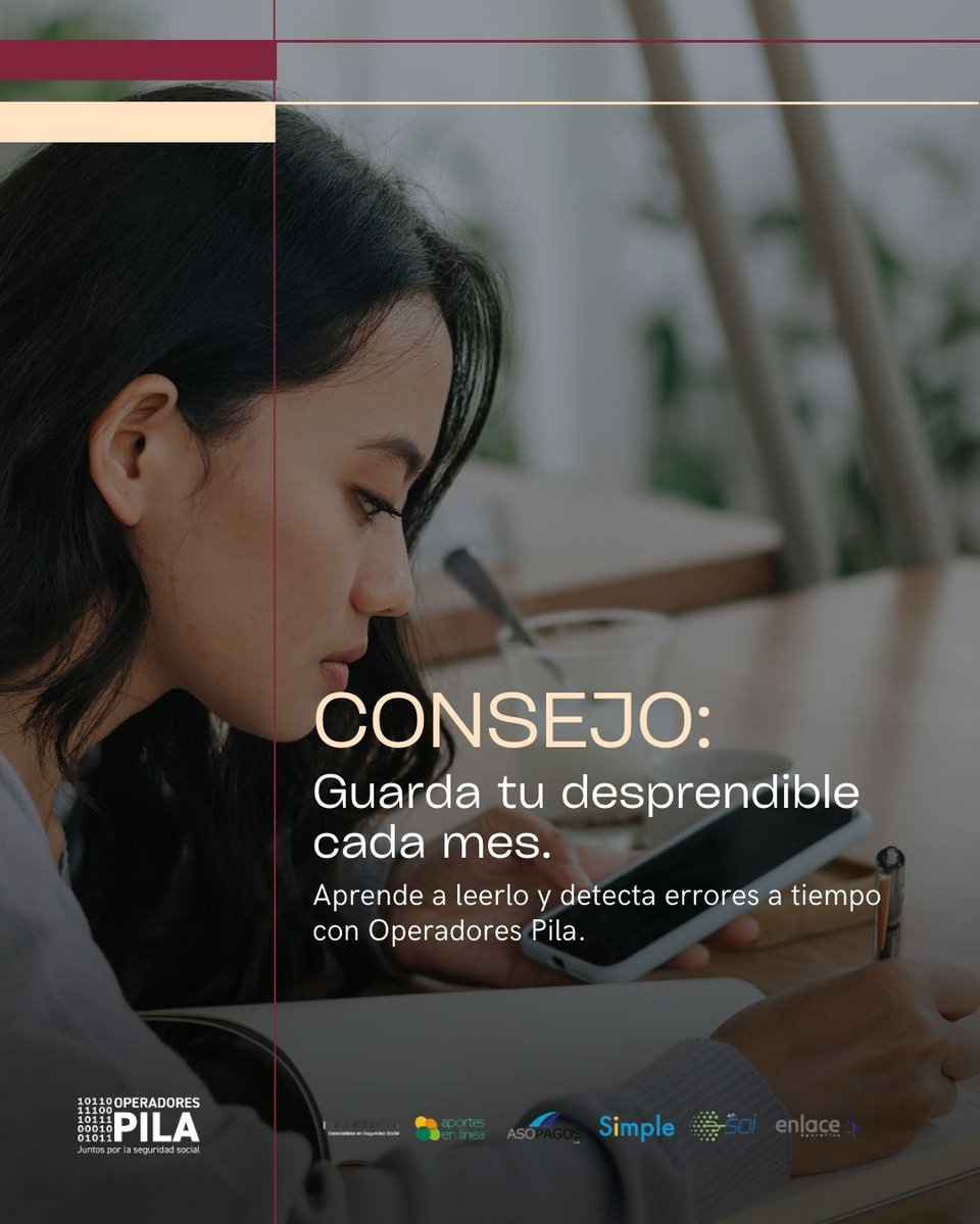 📄 ¿Sabes leer tu desprendible de pago? Revisa siempre: ✔ Datos personales ✔ Fechas de cotización ✔ Valores de salud, pensión y riesgos
Un chequeo rápido evita errores que afectan tu seguridad social. #PilasConLaPILA #SeguridadSocial