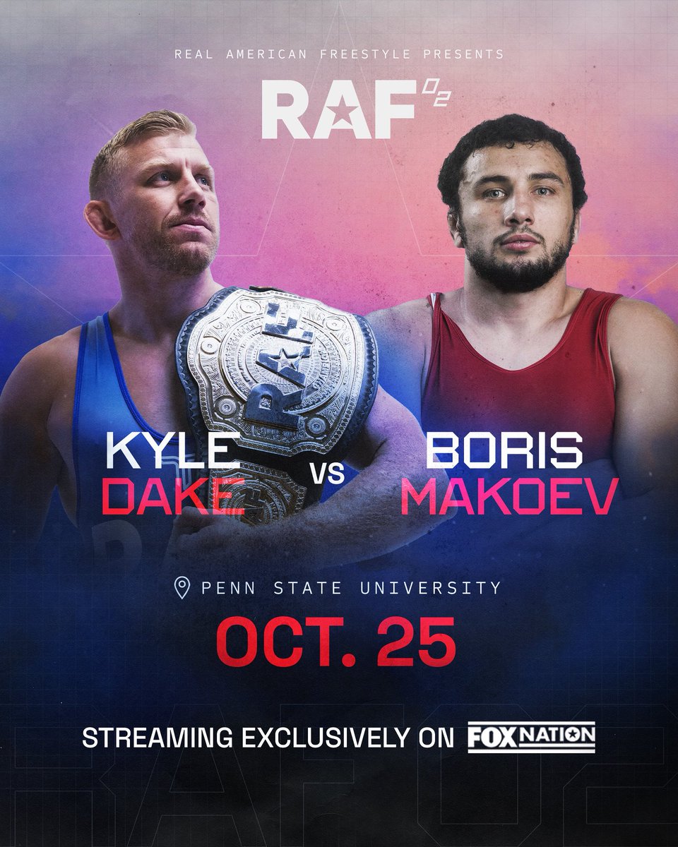 Kyle Dake defends his RAF Cruiserweight World Title against Boris Makoev — October 25.

A 4x NCAA champ vs. a World silver medalist. 

Watch it live at Penn State or stream exclusively on @FOXNation.

🎟️ ticketmaster.com/real-american-…?
