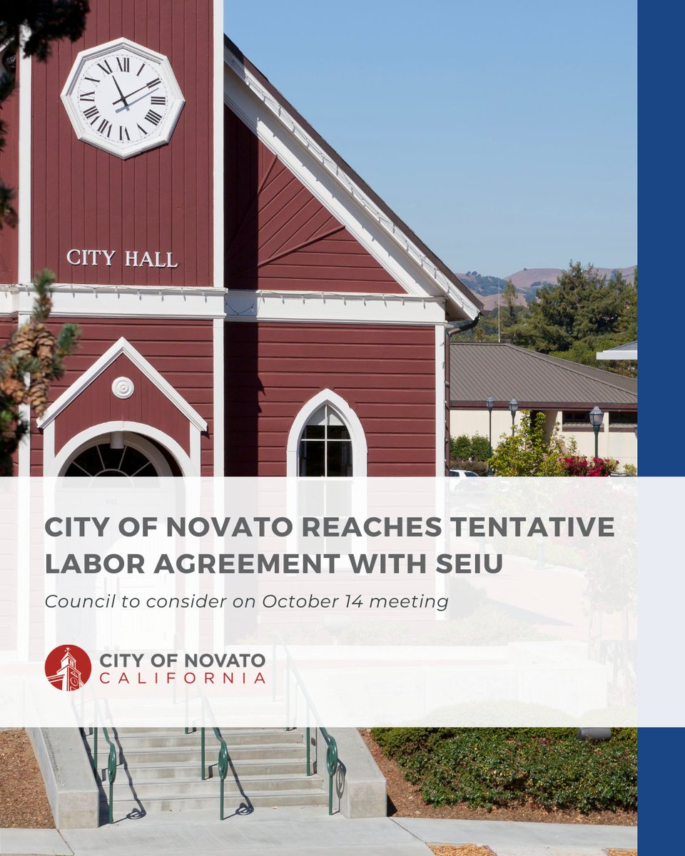 City of Novato Reaches Tentative Labor Agreement with SEIU

The City  &amp; SEIU Local 1021 have reached a tentative labor agreement which is subject to ratification by SEIU membership &amp; final approval by Council during its meeting on 10/14/25.

Read more: novato.org/Home/Component…