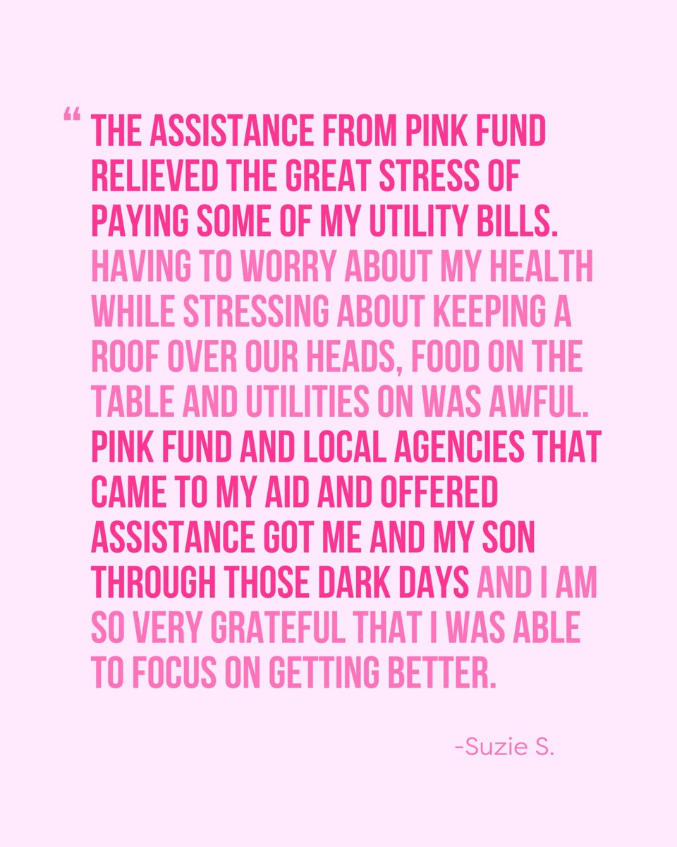 Because of our amazing donors, Suzie could focus on recovery instead of overdue bills. Your generosity helped keep food on the table and hope alive for her and her son. 💗

Donate today to Pink Fund and help more breast cancer patients find strength and the chance to heal.