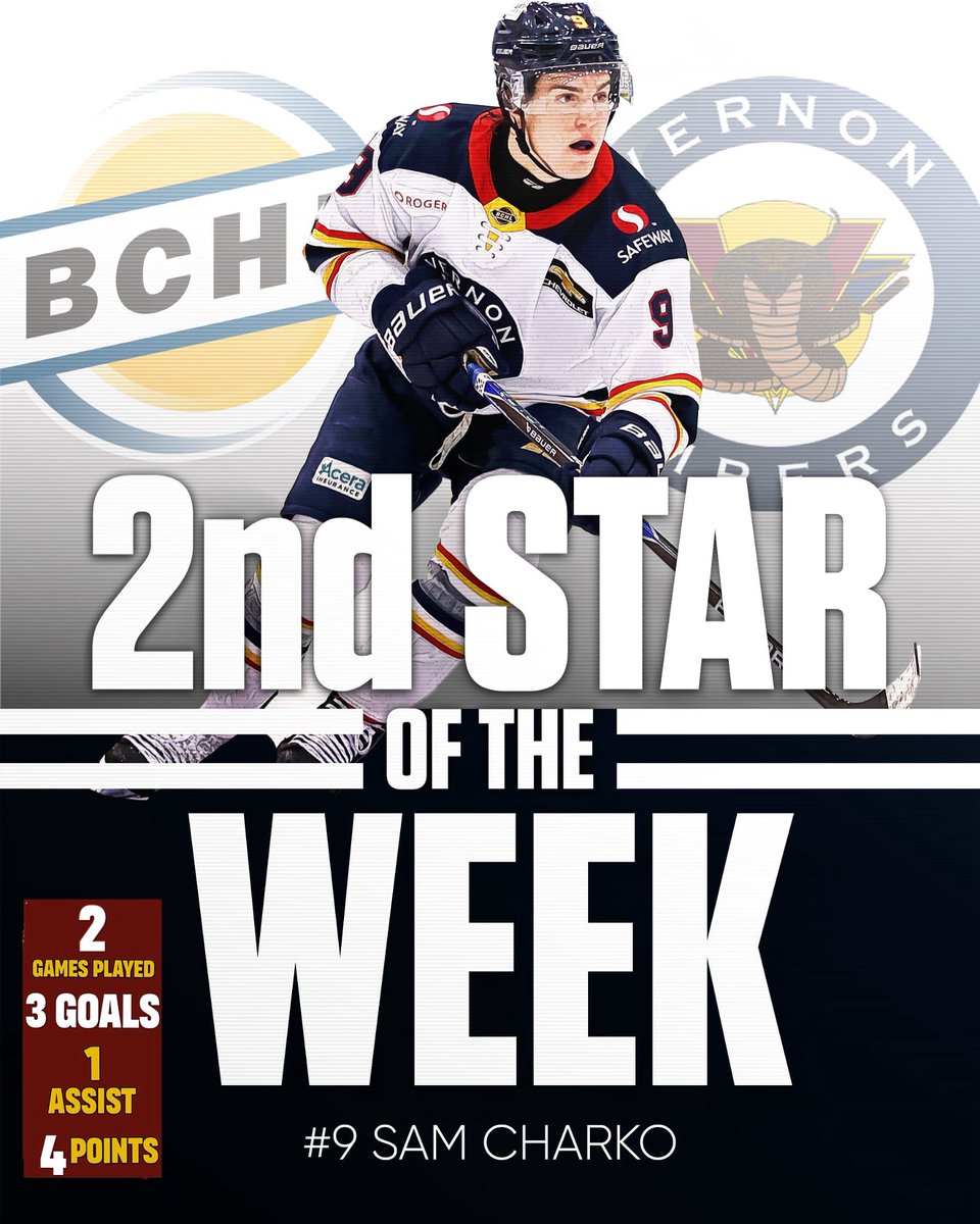 VernonVipers's tweet image. Congratulations to Sam Charko who had an excellent week!  3 goals and 1 assist!  BCHLs second star of the week!