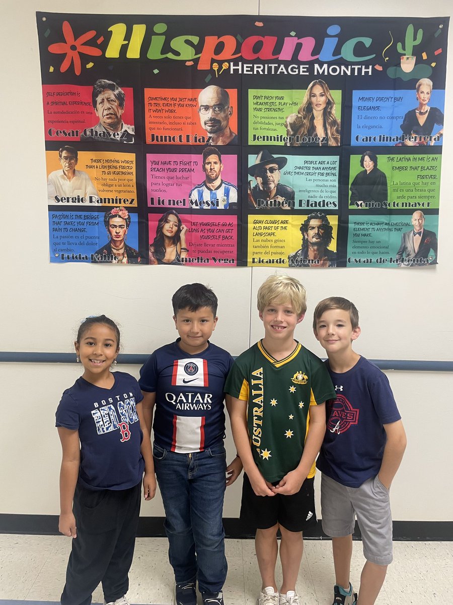 MrTeachK's tweet photo. Monday, September 22nd was Hispanic Sport Day, where our Hillside Huskies wore their favorite Sport jersey or t-shirt, that represented a Hispanic team or player in honor of Hispanic Heritage Month. Part 2 @HillsideES #HispanicHeritageMonth #AwareAndCareFCS https://t.co/pJzVqqB8rN
