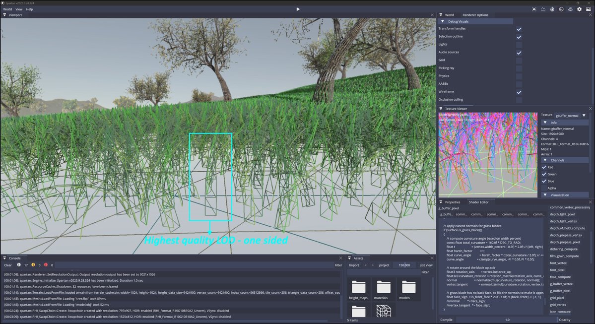 panoskarabelas1's tweet image. While generating normals to give flat grass blades a curved look I realised I could remove the back face and its normals, letting the GPU breathe a little easier. I then draw them without culling and flip the front face normals to create the backface normals, keeping the…