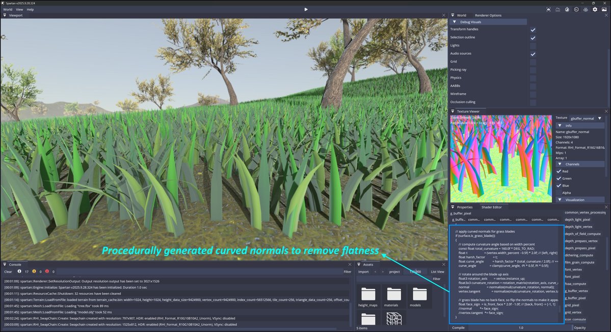 panoskarabelas1's tweet image. While generating normals to give flat grass blades a curved look I realised I could remove the back face and its normals, letting the GPU breathe a little easier. I then draw them without culling and flip the front face normals to create the backface normals, keeping the…