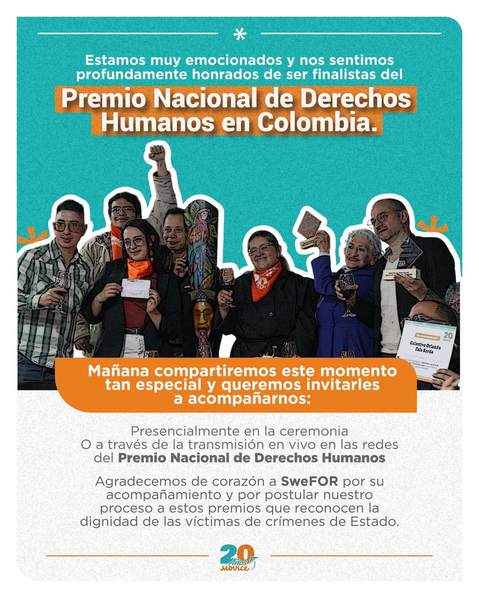 Movicecol's tweet photo. 🌿 Ser finalistas del Premio Nacional de Derechos Humanos en Colombia es un reconocimiento a 20 años de resistencia, memoria y dignidad de las víctimas de crímenes de Estado.
Gracias a @SweFORColombia por acompañar y creer en este camino.
#20AñosMOVICE #PremioDDHH https://t.co/o1pWWXsiLN