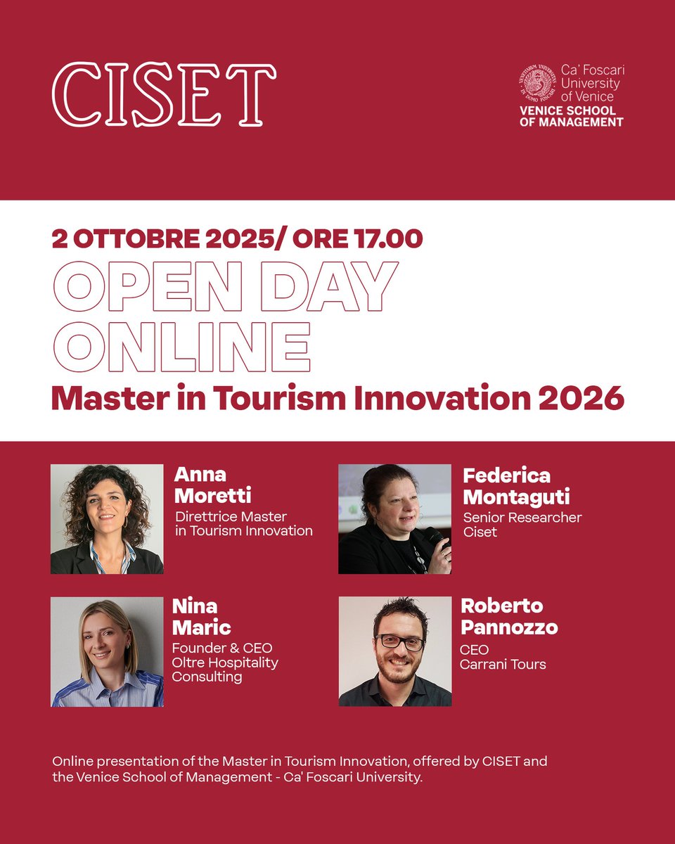Il Ciset ti invita all'Open-Day on-line del 2 Ottobre. Scopri come il #Master in #Tourism Innnovation puo' trasformare il tuo percorso professionale e aiutarti a costruire il tuo futuro nel mondo del #turismo.
Prenota il tuo posto gratuito: bit.ly/4nB5dMU
#unive #ciset