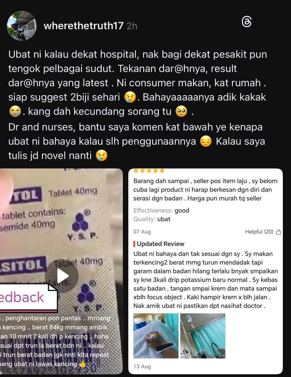 Baca kt thread kejadahnya furosemide yang utk water retention orang kidney, heart , liver disease bagai korang jual jadi ubat kurus????? Ni ubat terkawal kot mcm mana boleh jual online takdak prescription mcm ni. Yang sorang tu siap kebas satu badan bahana main beli ja ubat