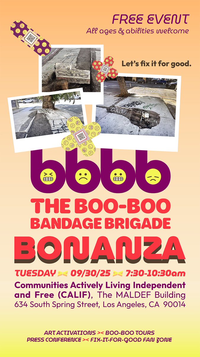 LuisAdvocates's tweet photo. Looking forward to joining @AARPCA volunteers & collaborators at the Boo-Boo Bandage Brigade in DTLA tomorrow morning. We are installing 🩹 on sidewalks to call for real fixes—accessibility, funding & long-term care. #AgeFriendlyLA
#FixForGood #LAstreets https://t.co/ZeRlGNFilv