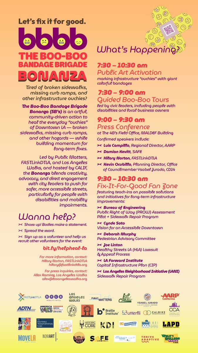 LuisAdvocates's tweet photo. Looking forward to joining @AARPCA volunteers & collaborators at the Boo-Boo Bandage Brigade in DTLA tomorrow morning. We are installing 🩹 on sidewalks to call for real fixes—accessibility, funding & long-term care. #AgeFriendlyLA
#FixForGood #LAstreets https://t.co/ZeRlGNFilv