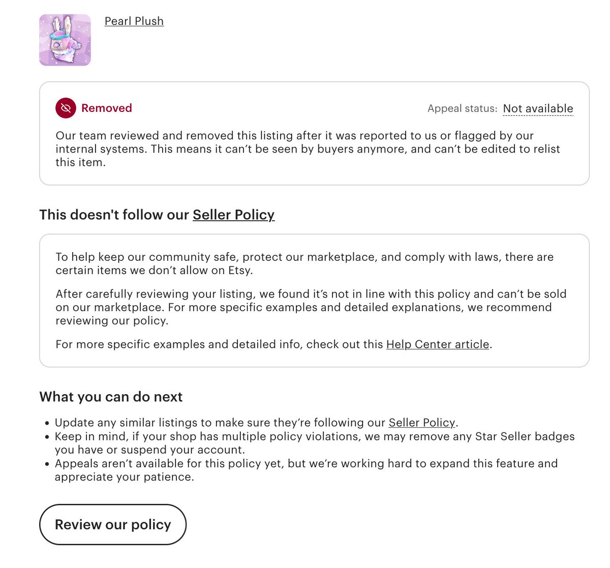 starsalts's tweet photo. It seems that @Etsy's automated system went completely haywire on my account because literally every single listing of mine was marked for violating their seller policy and caused my store to be fully suspended :') Here's hoping an actual human employee looks at this soon !! https://t.co/10YJZ6Xd2F